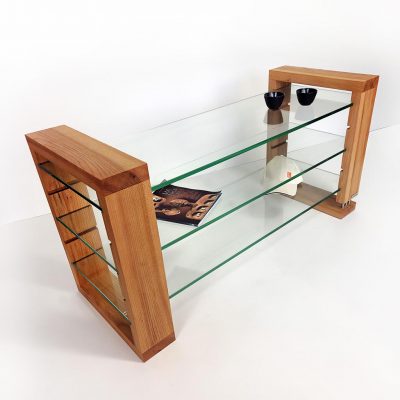 custom crafted media shelf of solid wood glass